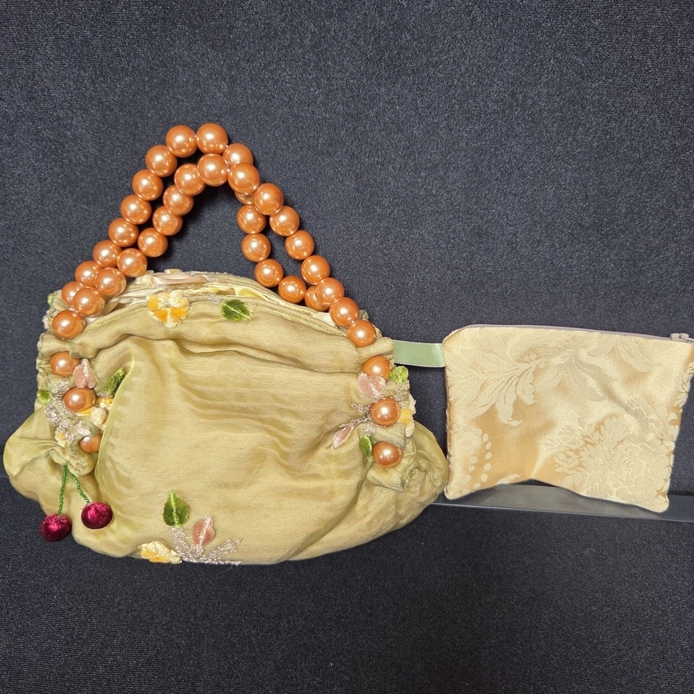 Noshi Clutch Elegant Soft Purse Beaded Handle Cherry Accent Ooak - Picture 2 of 10